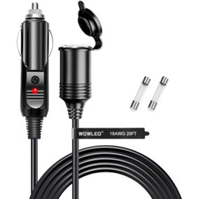 18AWG Cigarette Lighter Extension Cord, Pure Copper Core Wire, 10A Fused Auto DC Power Plug Cable 12V/24V