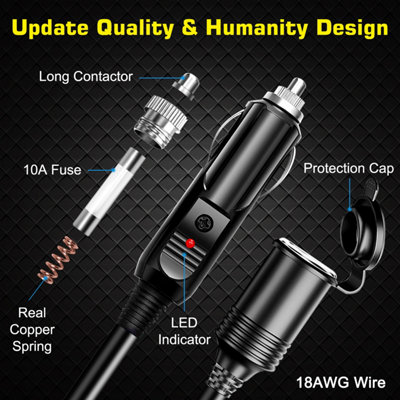 18AWG Cigarette Lighter Extension Cord, Pure Copper Core Wire, 10A Fused Auto DC Power Plug Cable 12V/24V