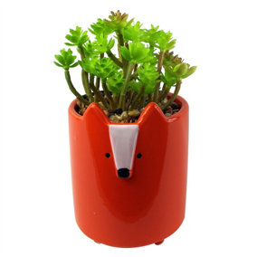18cm Ceramic Orange Fox Planter with Artificial Succulent Plant