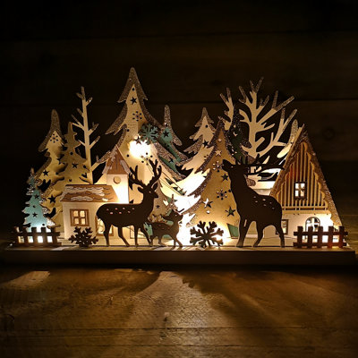 18cm Christmas Wooden Reindeer Scene Silhouette with 10 Warm White LEDs