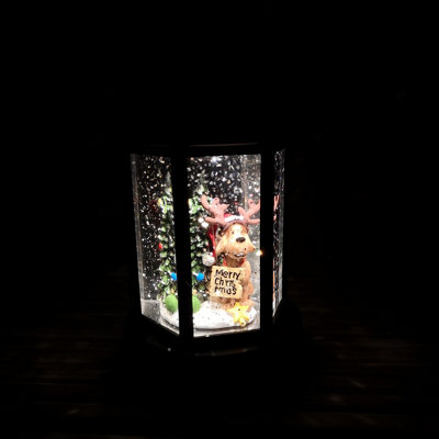 18cm Snowtime Battery Operated LED Christmas Glitter Water Spinner Black Lantern Dog & Tree Scene