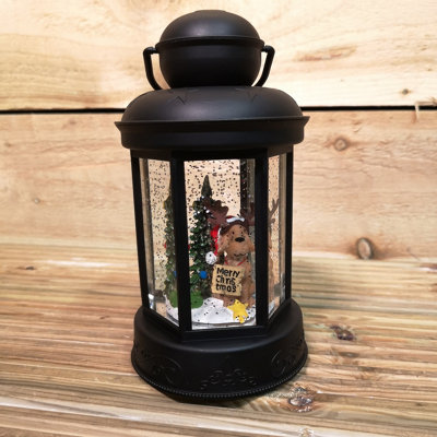 18cm Snowtime Battery Operated LED Christmas Glitter Water Spinner Black Lantern Dog & Tree Scene - 4