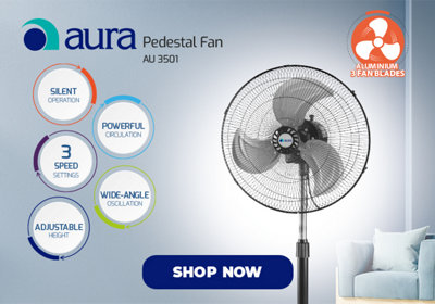 18inch Aura Pedestal Fan, Aluminium 3 Fan Blades ,3 Speed Settings, Silent Operation, adjustable Height, Wide Angle Oscillation