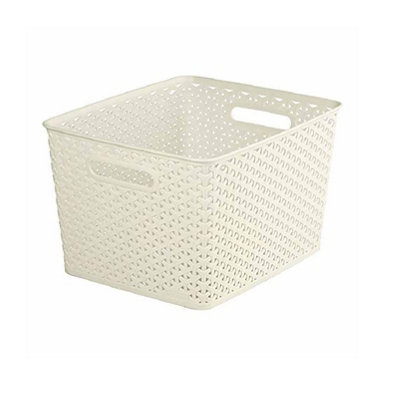 18L Cream Rattan Effect Storage Basket Tray Large Plastic Curver ...