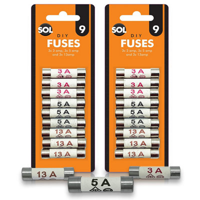 18pcs Fuses Mixed Household UK - 13 Amp Fuses UK - 5 Amp Fuses UK - 3 Amp Fuses UK - Ceramic Tube Fuses - Household Domestic Fuses