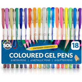18pk Gel Pens for Kids - 3 Sets Coloured Gel Pens for Writing Includes Neon Pens, Metallic & Glitter Pens - Metallic Gel Pens
