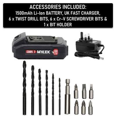18V Cordless Drill Electric Screwdriver Set, Lithium Ion Battery Pack, 18 Volt Combi Driver With MYLEK 4ORCE 204-Piece Kit