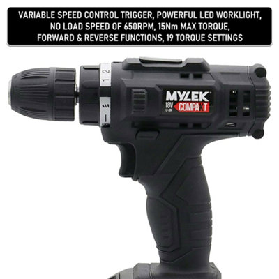 18V Cordless Drill Electric Screwdriver Set Lithium Ion Battery Pack 18 Volt Combi Driver With MYLEK 4ORCE 204-Piece Kit - 5