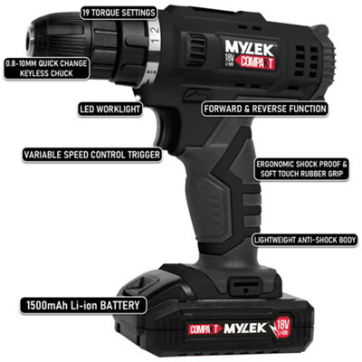 18V Cordless Drill Electric Screwdriver Set Lithium Ion Battery Pack 18 Volts Combi Driver With MYLEK 4ORCE 50-Piece Kit - 3