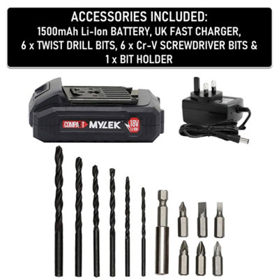 18V Cordless Drill Electric Screwdriver Set Lithium Ion Battery Pack 18 Volts Combi Driver With MYLEK 4ORCE 50-Piece Kit - 4
