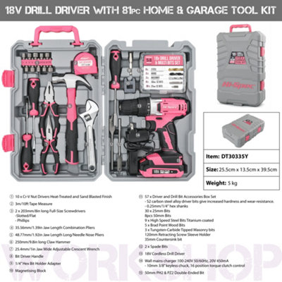 18V Drill Pink Electric Cordless Power Drill Screwdriver 81 Pc Tools Kit Set DIY