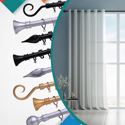 19 mm Extendable Metal Curtain Pole Rods - Black (Bell Finials, 210-360 cm)