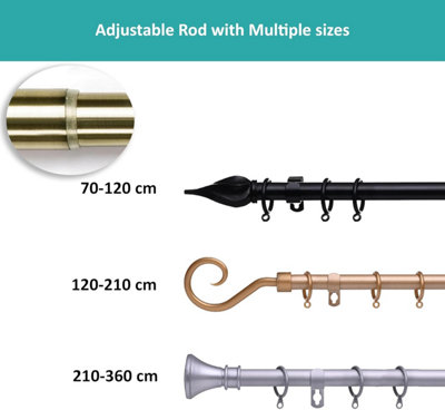 19 mm Extendable Metal Curtain Pole Rods - Black (Bell Finials, 210-360 cm)