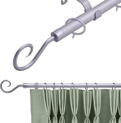 19 mm Extendable Metal Curtain Pole Rods- Satin Steel (Crook Finial ...