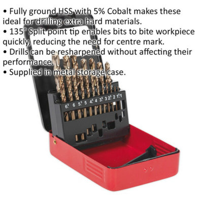 19 Piece Fully Ground HSS Cobalt Drill Bit Set - 1mm to 10mm - Split Point Tip