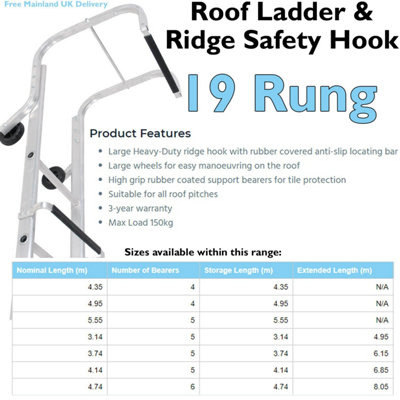 19 Rung Roof Ladder & Ridge Safety Hook Single Section 4.9m Tile Grip Steps