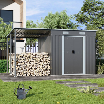 193cm D Outdoor Garden Galvanized Steel Tool Storage Shed with  Lean-To for Extra Storage, Dark Grey, 5.5 x 5.5ft