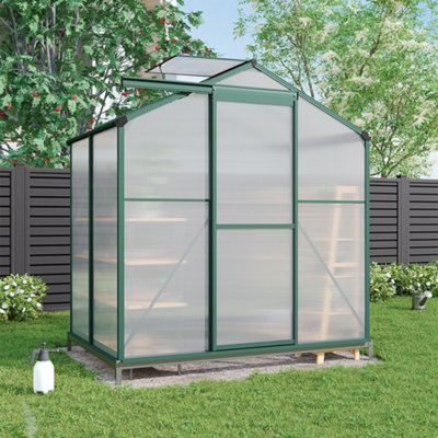 195cm H Outdoor Garden Polycarbonate Walk In Greenhouse with Sliding Door and Base Foundation, 6x4ft