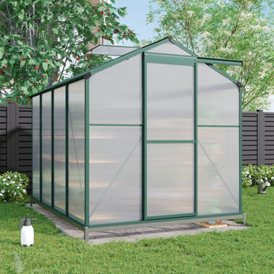 195cm H Outdoor Garden Polycarbonate Walk In Greenhouse with Sliding Door and Base Foundation, 8x6ft