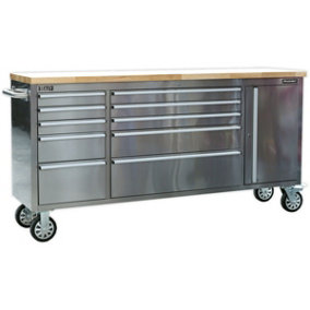 1990 x 490 x 950mm Mobile STAINLESS STEEL Tool Cabinet - 10 Drawer & Cupboard
