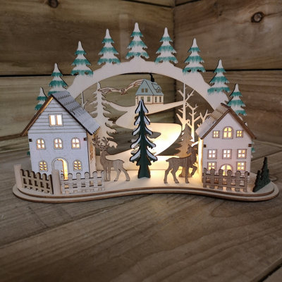 19cm Battery Operated Light up Warm White Christmas Winter Wooden Village Scene with Reindeer - 6