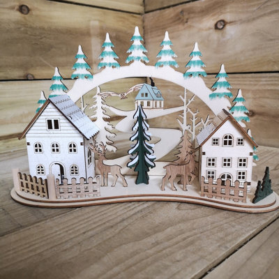 19cm Battery Operated Light up Warm White Christmas Winter Wooden Village Scene with Reindeer - 7