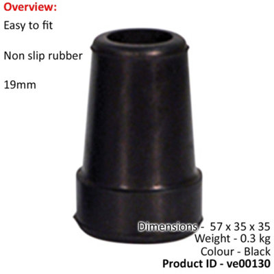 19mm Replacement Crutch Ferrule - Non Slip Black Rubber Tip - Easy to Fit