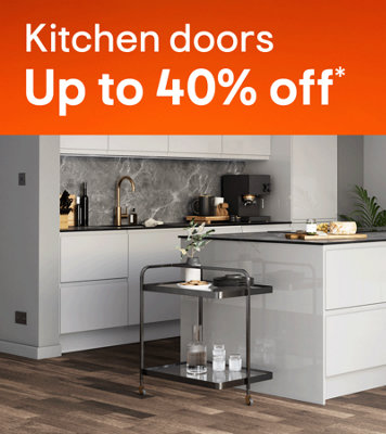 Shop up to 40% off selected kitchen doors. Includes GoodHome Garcinia light grey gloss cabinet doors. Terms & conditions apply, see the *Promotional terms & conditions at the end of the page.