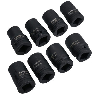 1in Drive Double Deep Metric MM Impact Sockets 6 Sided 24mm -38mm 8pc