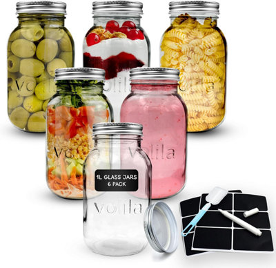 1L Mason Jars with Lids 6 Pack Leakproof Glass Jars with Labels, Pen & Sponge Ideal for Preserving, Salads, Oats & Pickling