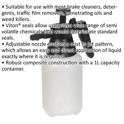 1L Pressure Sprayer with Viton Seals - Adjustable Nozzle - Mist & Jet Patterns