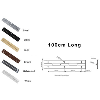 1M (1000mm) Continuous Steel Metal Piano Hinge Strap Multi Colours with Holes (White)