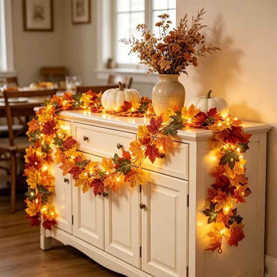 1m Fall Maple Leaf Garland with Lights Artificial Autumn Vine Decor