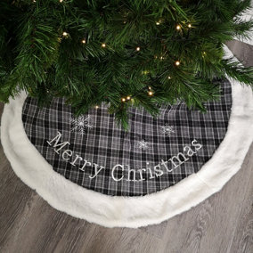 1m Luxury Embroided Grey Christmas Tree Skirt Felt Plaid Fluffy Apron