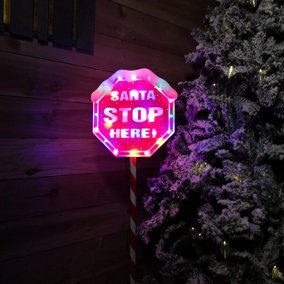 1m Outdoor Christmas Lit Multi Function Santa Stop Here Stake Sign with Base in Multicoloured