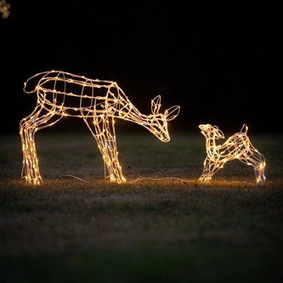 1M White Wire Light Up Christmas Reindeer Mother & Baby with 250 Warm White and Multicoloured LEDs