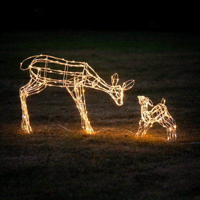 1M White Wire Light Up Christmas Reindeer Mother & Baby with 250 Warm White and Multicoloured LEDs