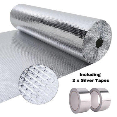 1m x 20m Silver Multi-purpose Double Aluminium Bubble Insulation Foil + 2 Tapes for Loft, Wall, Home, Van, Attic, Garage, Roof