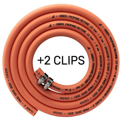 1m x  8mm Orange Gas Pipe for Propane + 2 Clips - Stamped with Manufacture Date 2024