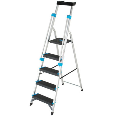 1m XL Platform Step Ladder with Anti-Slip Treads and Tool Tray - 5 Tread Aluminium Design