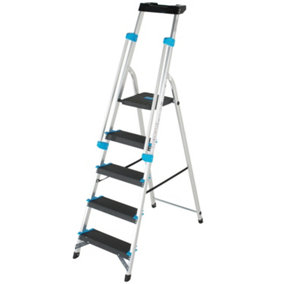 1m XL Platform Step Ladders 5 Tread Anti Slip Steps & Tool Tray Aluminium