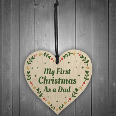 1st Christmas As A Dad Bauble Wooden Heart Tree Decoration New Baby Gift