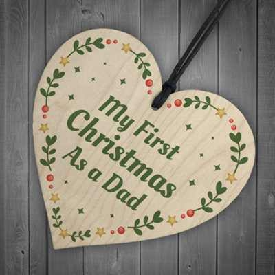 1st Christmas As A Dad Bauble Wooden Heart Tree Decoration New Baby Gift - 6