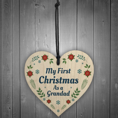 1st Christmas As A Grandad Bauble Wood Heart Tree Decoration New Baby Gift
