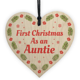 1st Christmas As An Auntie Bauble Wooden Heart Tree Decoration New Baby Gift