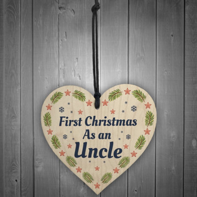 1st Christmas As An Uncle Bauble Wooden Heart Tree Decoration New Baby Gift