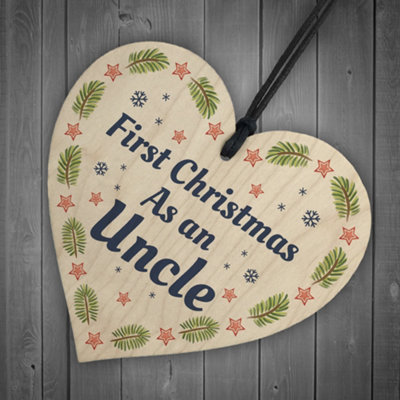 1st Christmas As An Uncle Bauble Wooden Heart Tree Decoration New Baby Gift - 6
