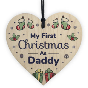 1st Christmas As Daddy Bauble Wooden Heart Tree Decoration New Baby Gift