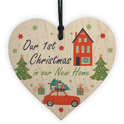 1st Christmas In Our New Home Hanging Wooden Heart Tree Decoration House Gift