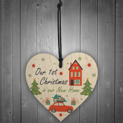 1st Christmas In Our New Home Hanging Wooden Heart Tree Decoration House Gift